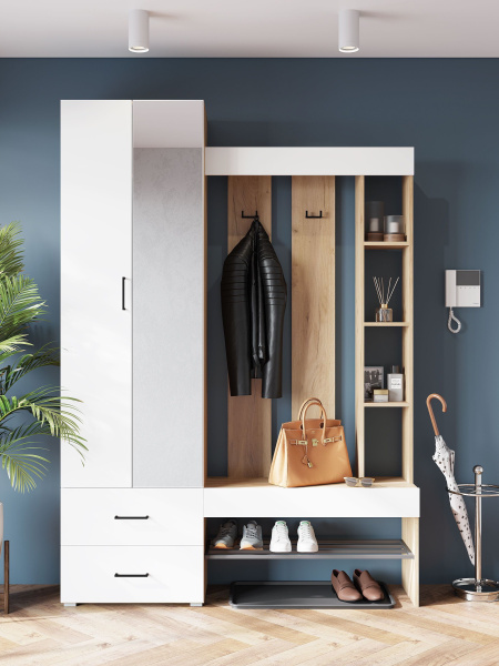 Прихожая Домино (Корпус Золотой Крафт/Фасад Белый мат) 