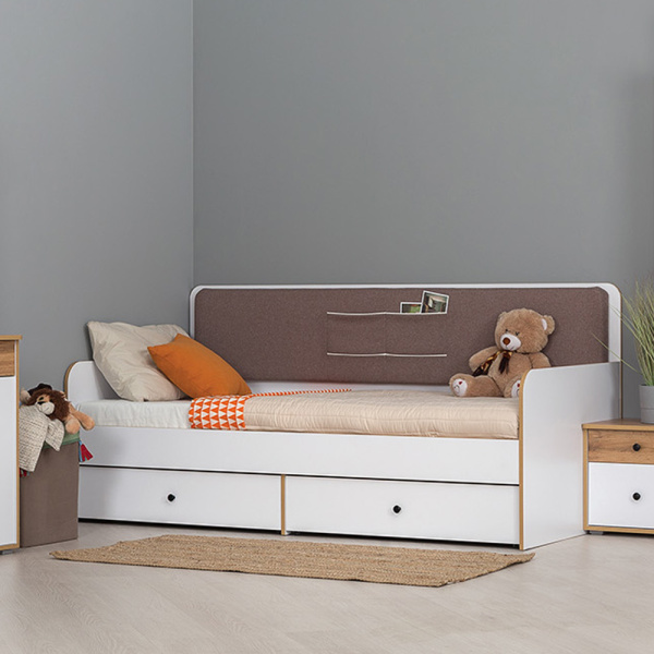 Вуди Кровать 11.02 (Белый премиум Дуб Золотой CRAFT Савана латте Эко 100 к/з Гран Белый)