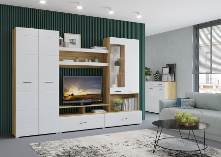 Гостиная Ненси-1 (Корпус Крафт Золото + Фасад Белый глянец) 