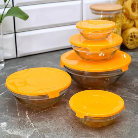 Набор салатников с крышками 5 шт: 130/200/350/500/900 мл "Классика" цвет оранжевый 1366194